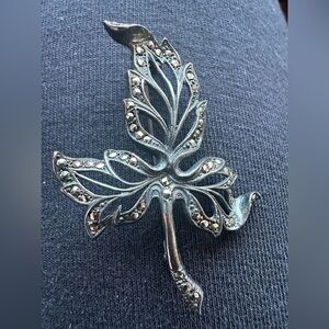 Sterling Silver 925 Marcasite Leaf Brooch Pin Vtg Art Deco